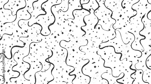 Black and white wavy ribbons and confetti pattern abstract background