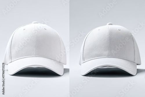 Two identical white baseball caps, side-by-side, one with a plain surface, the other with a subtly textured crown.  Both caps are presented on a plain light gray background, studio shot
