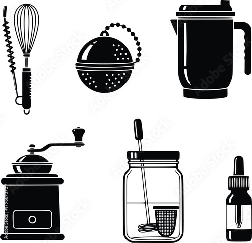 Black and white vector icons of kitchen tools and equipment for home usage