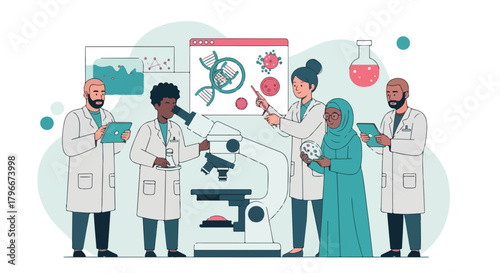 Illustration of diverse scientists collaborating around a microscope with various lab equipment and diagrams in a modern laboratory setting with a clean and professional mood.