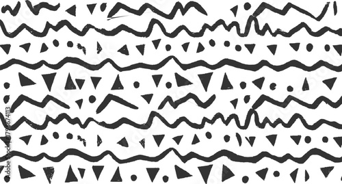 Black wavy lines and scattered triangles and circles on white background abstract brush