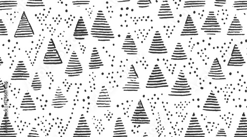 Black and white abstract pattern of striped triangles and scattered dots vector
