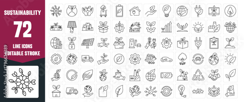 Sustainability Line Icon Set — Modern Editable Stroke Vector Symbols of Earth, Eco, Ecology, Environment, Environmental Care, and Green Concepts