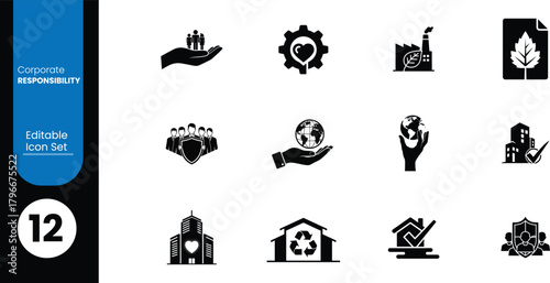 Collection of black and white icons representing environmental sustainability and social responsibility