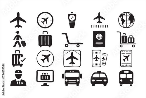 Airport and travel icon pack with flight signs, luggage symbols, and transport elements