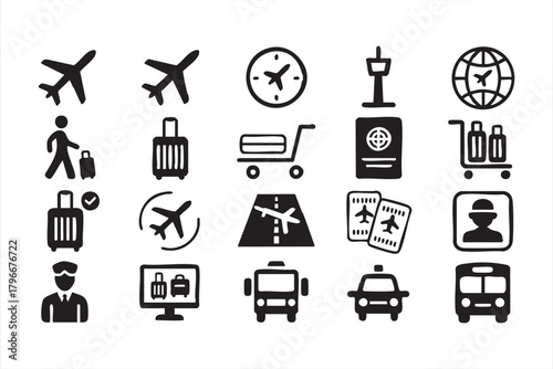 Complete airport symbol set for tourism design, global travel graphics, and airline UX