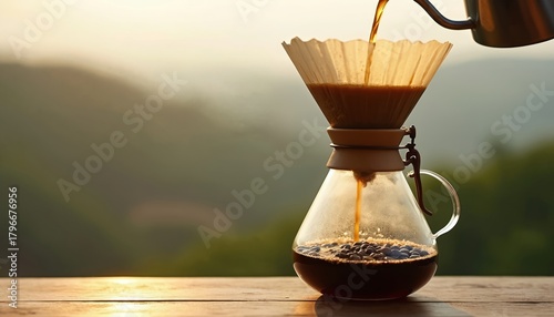 Hot water pours from gooseneck kettle into pour over coffee filter. Deliciously brewed coffee drips slowly into clear glass carafe with fresh beans. Peaceful morning ritual outdoors offers beautiful