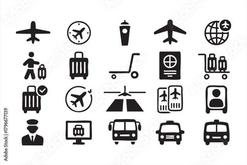 Minimalist flight and luggage icons for booking tools, travel UI, and aviation graphics