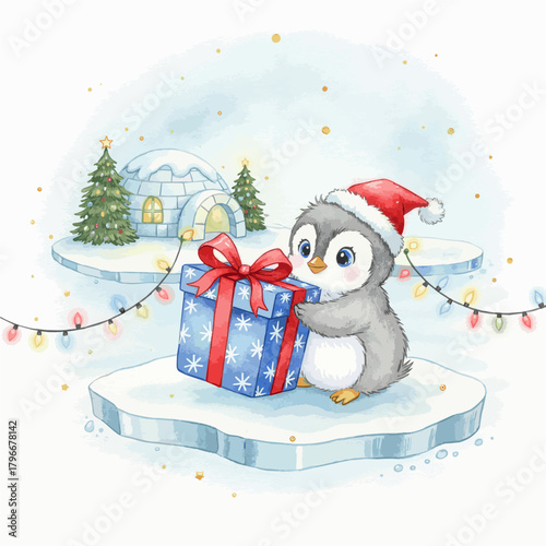 Vector cute Christmas illustration, a baby penguin in a Santa hat holding a gift , lights all around , festive atmosphere