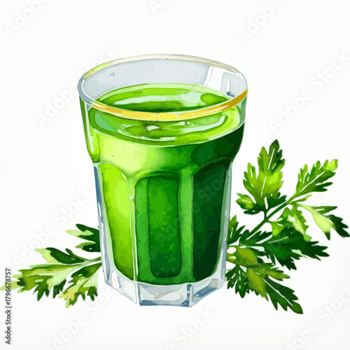 Vector illustration of a green smoothie in a glass glass, next to it are sprigs of parsley, watercolor