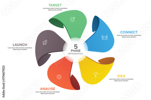 Pinwwheel Shape Glassmorphism Infographic Template With 5 Options, Steps, Parts, Segments. Vector Illustration For Business Financial Report.