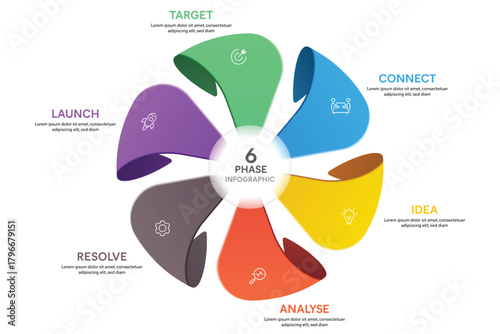 Pinwwheel Shape Glassmorphism Infographic Template With 6 Options, Steps, Parts, Segments. Vector Illustration For Business Financial Report.