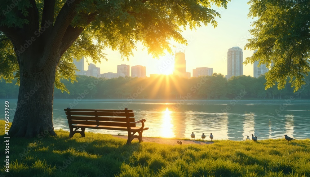 Obraz premium City park landscape illustration at sunset. Bench stands near water. Birds graze on lawn near pond. Sunlight filters through foliage. Urban skyline visible. Perfect for travel eco themes. Serene
