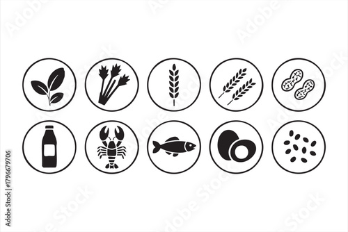 Black and white allergen symbols including nuts, wheat, dairy, fish, eggs, and seeds