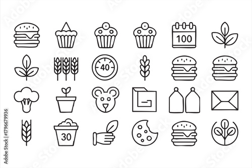 Food and ingredient line icons for menus, packaging, nutrition guides, and café branding