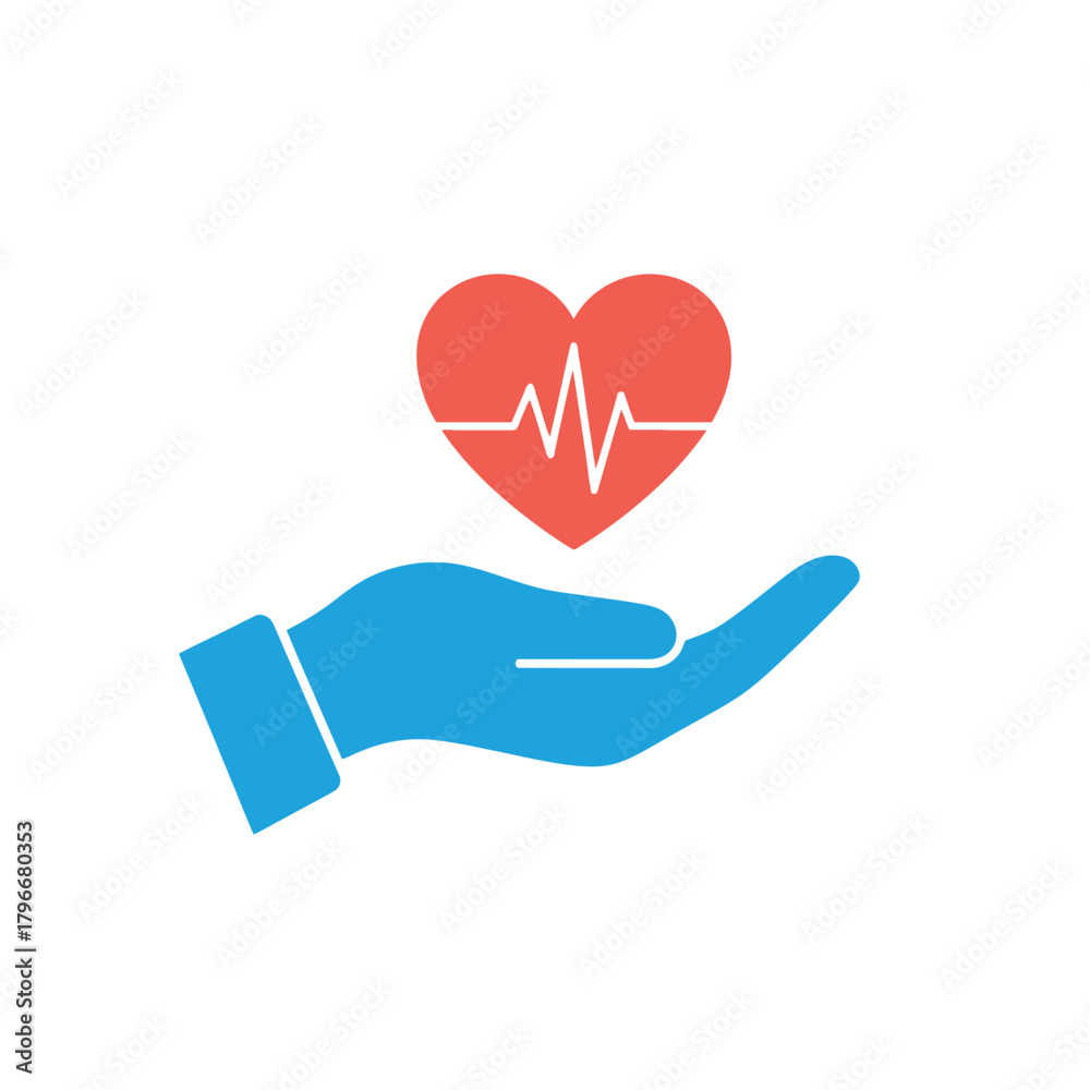 Obraz premium Vector illustration of blue hand holding a red heart with electrocardiogram