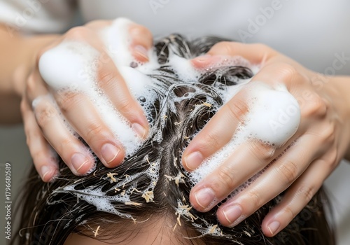 Close-up of hands lathering rich, sudsy ketoconazole shampoo on a flaky scalp to treat dandruff and seborrheic dermatitis. Demonstrates medicated hair care.
