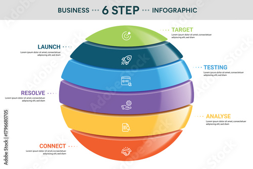3D Sphere Ball Infographic Divided Into 6 Part, Options, Steps, Or Segments. Vector Illustration Template For Business Financial Report.