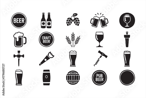 Bar and brewery graphics including craft beer labels, pint glasses, and hop illustrations