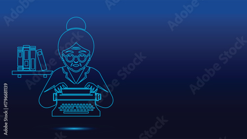 Blue Neon Outline Illustration Of A Senior Woman Writer Wearing Glasses Working On An Antique Typewriter With Bookshelf Background Showcasing Classic Literature And Creative Storytelling