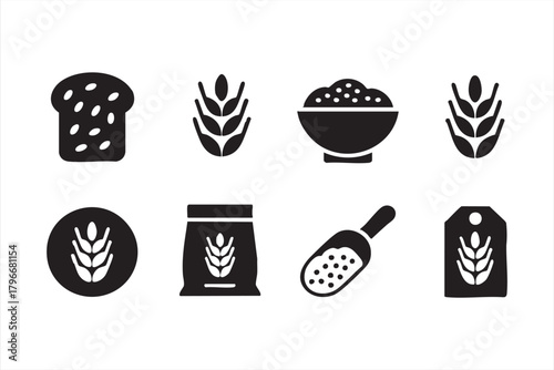 Wheat and grain icon pack with bread, cereal, flour scoop, and food labels