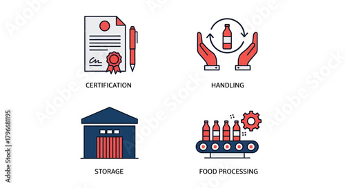 Vector illustration of food industry icons certification, handling, storage, and food processing