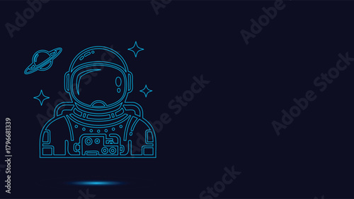 Neon Blue Line Art Vector Illustration Of An Astronaut In A Spacesuit Floating In Outer Space Near A Ringed Planet And Shining Stars Against A Dark Background
