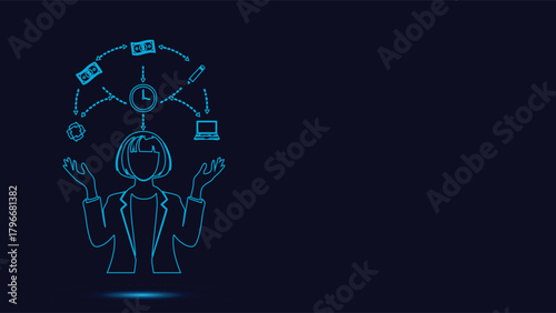 Professional Businesswoman Juggling Essential Management Resources Including Clock Money Laptop and Productivity Symbols in Blue Neon Line Art Style Vector Illustration