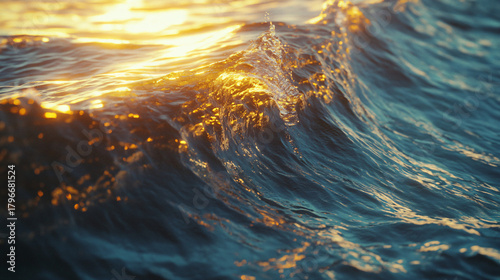 Fototapeta Naklejka Na Ścianę i Meble -  Single Wave Curling in Slow Motion with Golden Sunlight