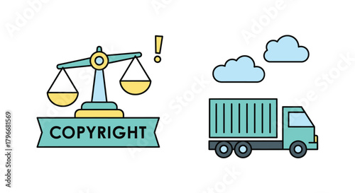 Vector illustration of copyright and logistics concept with scales and truck