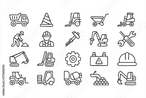 Heavy equipment and worksite vector set featuring excavators, cranes, forklifts, and tools