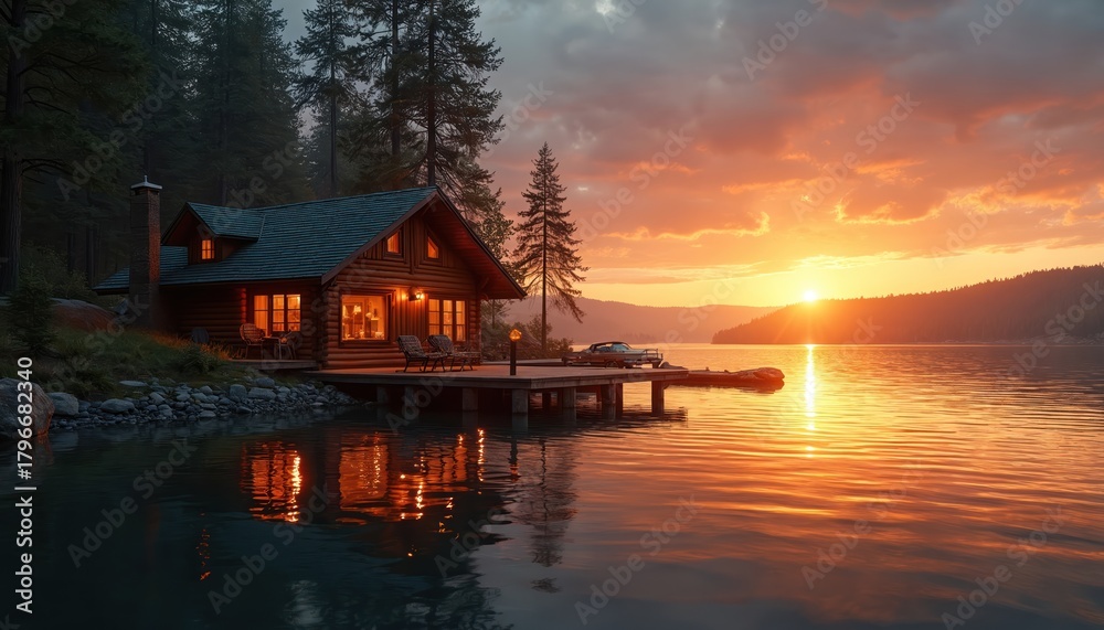 Fototapeta premium Cozy log cabin stands by tranquil lake at vibrant sunset. Golden orange light reflects on calm water surface. Dock vintage car, small boat. Pine trees surround peaceful wilderness lodge, creating
