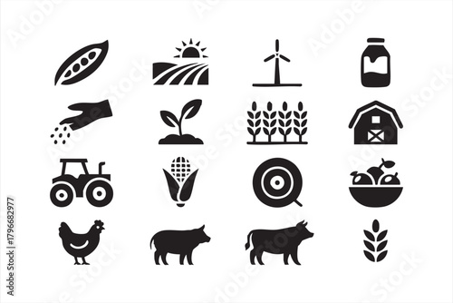 Comprehensive agricultural symbol set including produce, tractors, barns, and crops