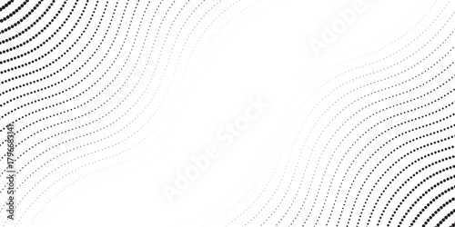 Flowing dots particles wave pattern 3D curve halftone black gradient curve shape isolated on white background. Vector in concept of technology, science, music, modern wave classic