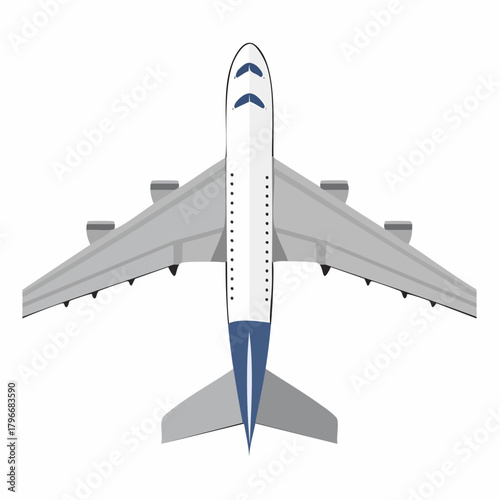 Top-down aerial view of a commercial passenger jet aircraft. A flat vector illustration for transportation and international travel themes