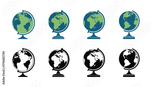 Black and white globes set with a white background