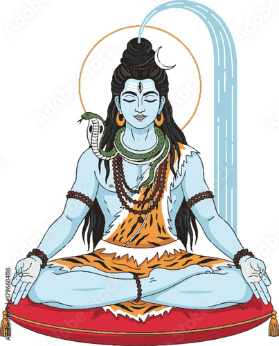 A beautifully detailed vector illustration of Lord Shiva in serene Himalayan meditation, featuring symbolic elements such as the trident, sacred damaru, matted hair, and cosmic aura.