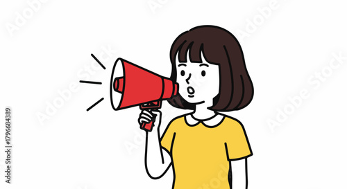 A cartoon woman with brown hair holding a red megaphone in her right hand on a plain white background.