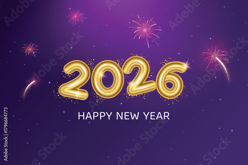 Happy 2026 New Year Abstract Background. Vector Illustration Of New Year's Eve Celebration With Fireworks On Midnight Sky Concept For Greeting Card, Website, Banner Etc.