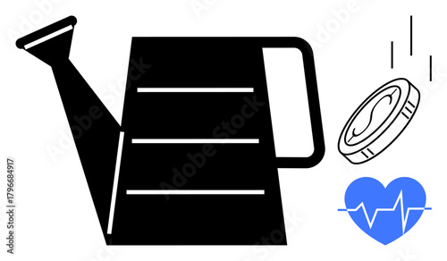 Watering can nurturing growth with falling coin emphasizing financial investment, blue heart with heartbeat symbolizing health. Ideal for finance, wellness, growth, investments, healthcare