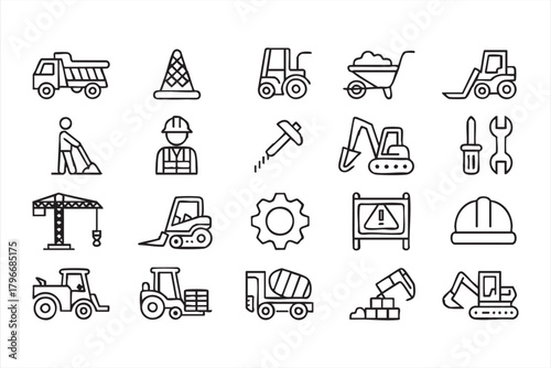 Industrial construction icon pack with machinery, tools, workers, and safety symbols