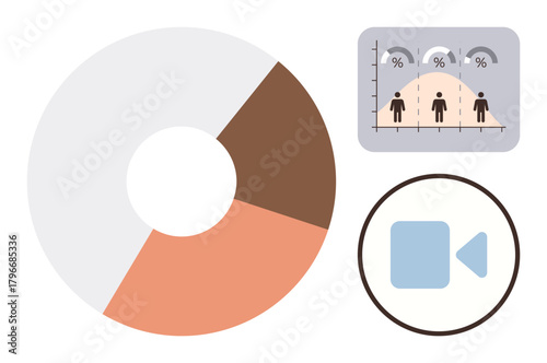 Pie chart, demographic analysis graph with gender and percentages, video icon. Ideal for statistics, analytics, video content, digital tools, marketing, data presentation modern communication
