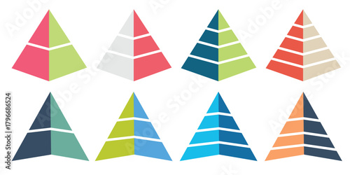 Pyramid infographic set. Colorful vector triangle diagram, triangular pyramid infographics, designed for business presentations, charts, educational materials. pyramid diagrams with ascending levels