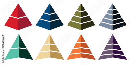 Pyramid infographic set. Colorful vector triangle diagram, triangular pyramid infographics, designed for business presentations, charts, educational materials. pyramid diagrams with ascending levels.