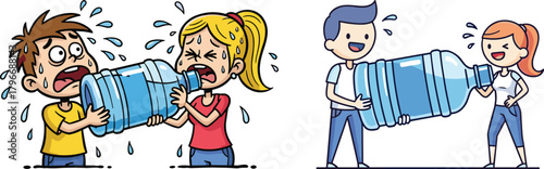 Children, adults, drinking water, hydration, thirst, struggle, ease, contrast, bottle, teamwork, emotion, stress, relief, sweating, crying, smiling, effort, wellness,