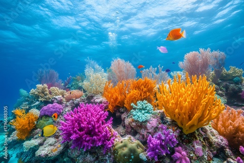 Fototapeta Naklejka Na Ścianę i Meble -  Colorful coral reef with tropical fish swimming in blue ocean