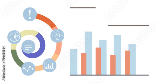 Circular infographic with icons and statistics paired with a comparative bar chart in blue and orange. Ideal for data analysis, business performance, infographics, decision-making, presentations