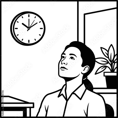 A young person looks up at a clock on the wall.