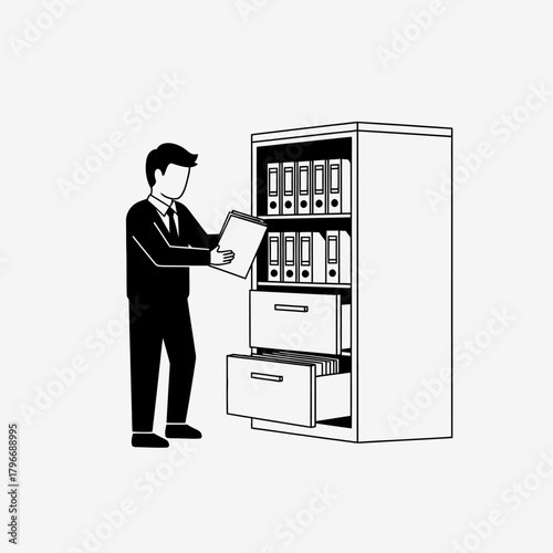 Businessman searching for documents in a filing cabinet for important information.