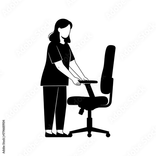 Faceless woman character holding the armrest of an ergonomic office chair.